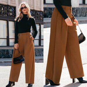 Cupshe Coffee Brown Pleated Wide Leg Pants | High-Waisted Flowy Trousers | XL